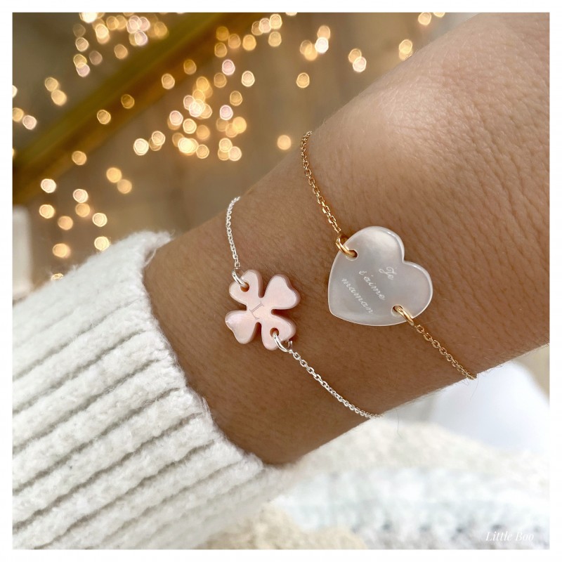 Bracelet chaîne trèfle/cœur nacre or personnalisable