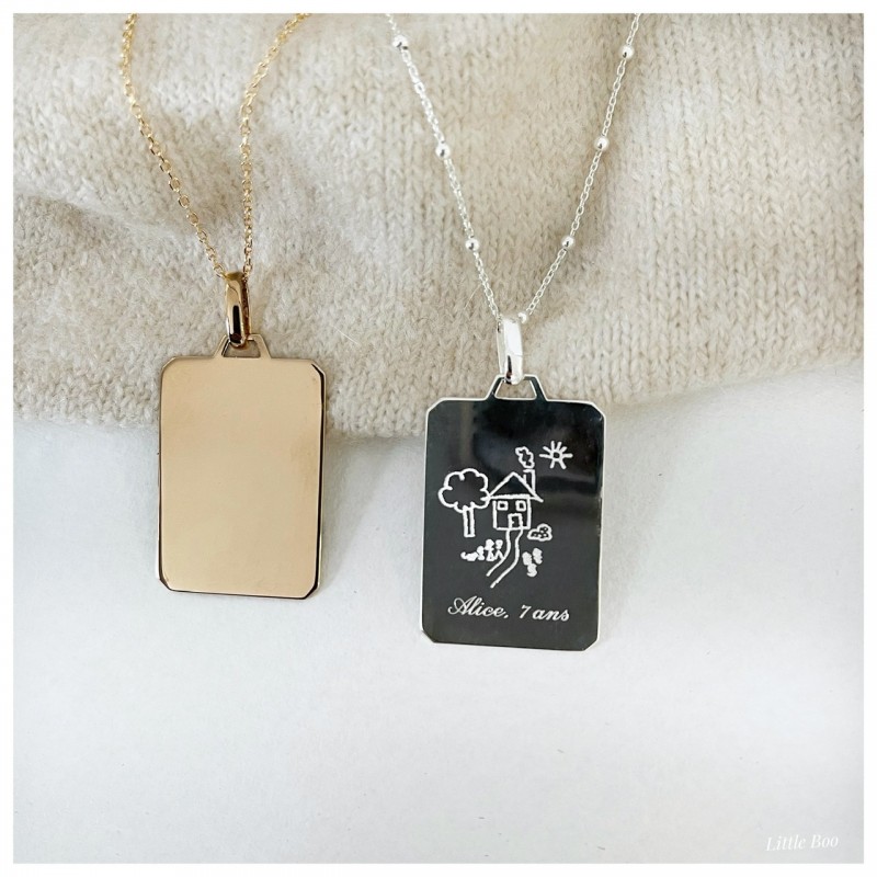 Collier plaque mots & dessins gm en argent personnalisable