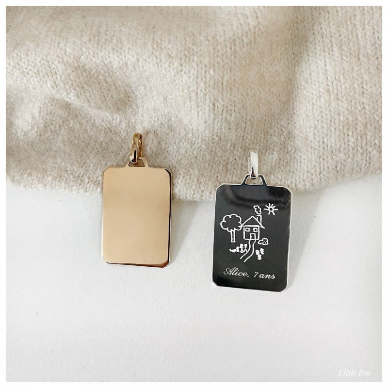 Médaille plaque mots & dessins gm en argent personnalisable