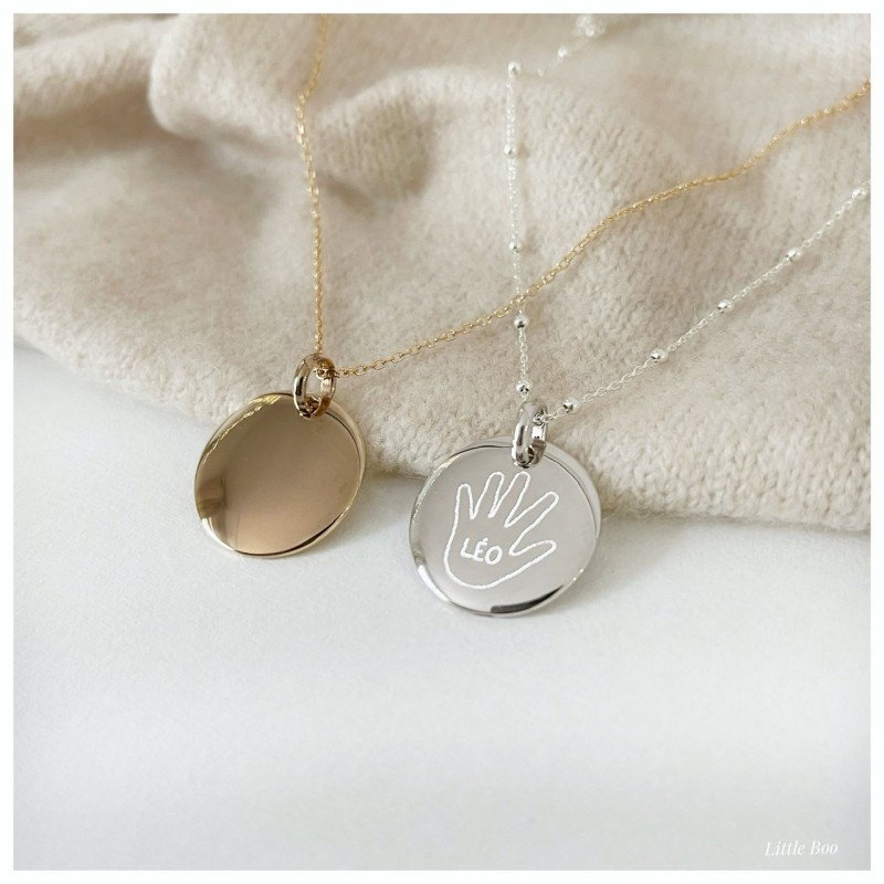 Collier médaille bombée mots & dessins en argent personnalisable