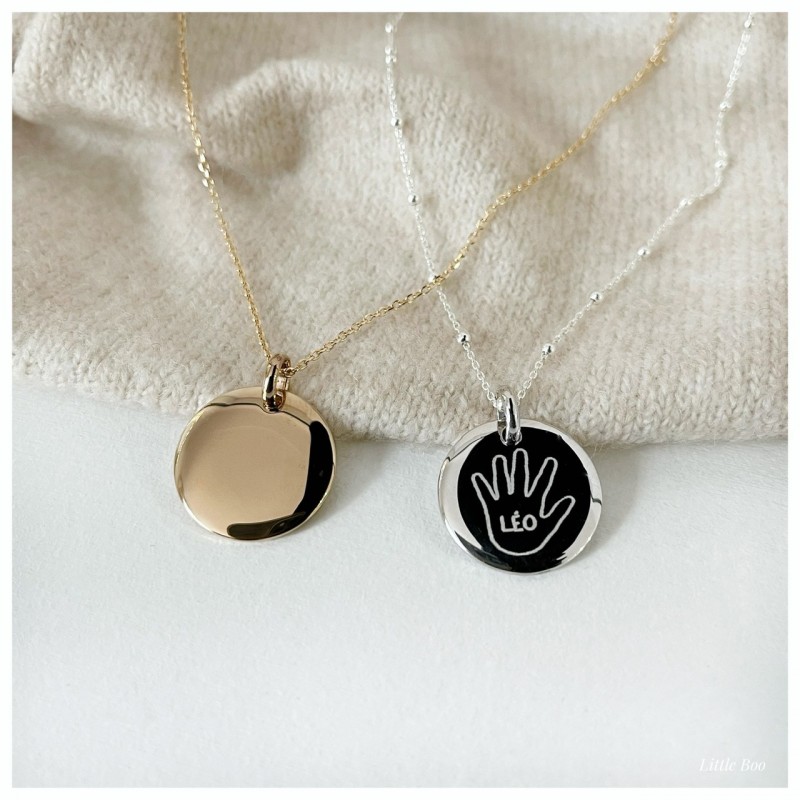 Collier médaille bombée mots & dessins en argent personnalisable