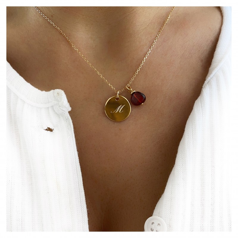 Collier médaille pierre de naissance or personnalisable