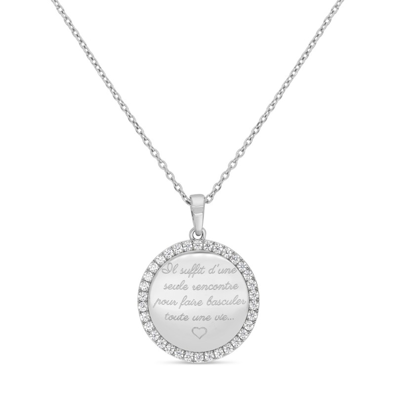 Collier Médaille Bombée Strass Argent Personnalisable