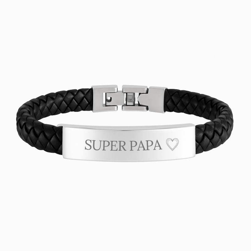Bracelet en cuir tressé noir avec plaque à graver