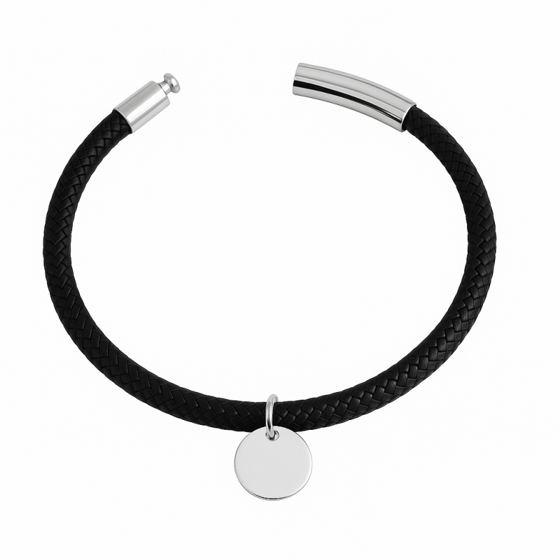 Bracelet cordon en cuir tressé noir et sa médaille à graver