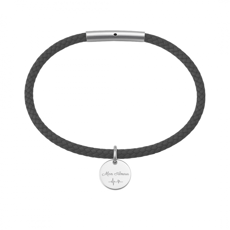 Bracelet cordon en cuir tressé gris et sa médaille à graver