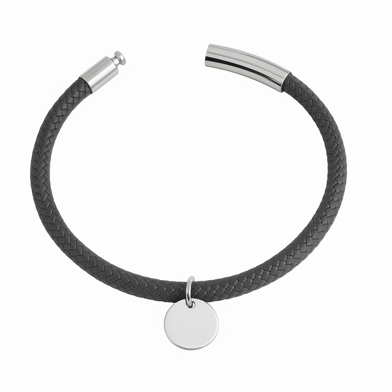 Bracelet cordon en cuir tressé gris et sa médaille à graver