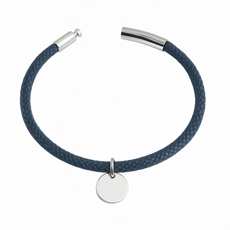 Bracelet cordon en cuir tressé bleu nuit et sa médaille à graver