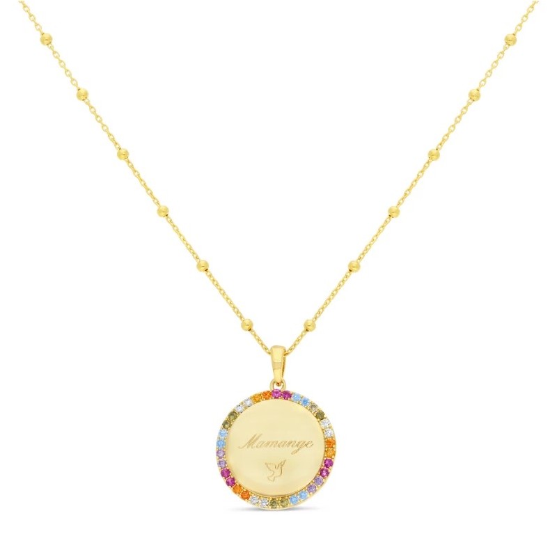 Collier médaille bombée strass multicolore Or