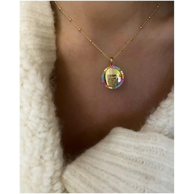 Collier médaille bombée strass multicolore Or